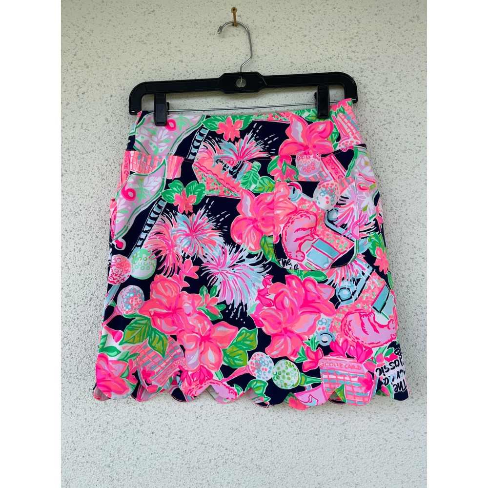 Lilly Pulitzer Luxletic Golf Skort Navy Blue Floral Scalloped Hem Size 0